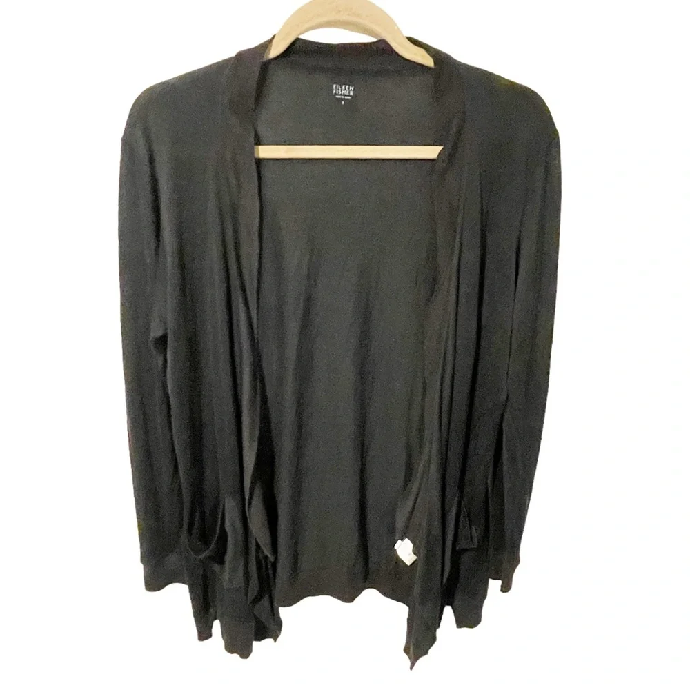 Eileen FIsher Size Small Black Silk Blend Draped Open Front Long Sleeve‎ Thin